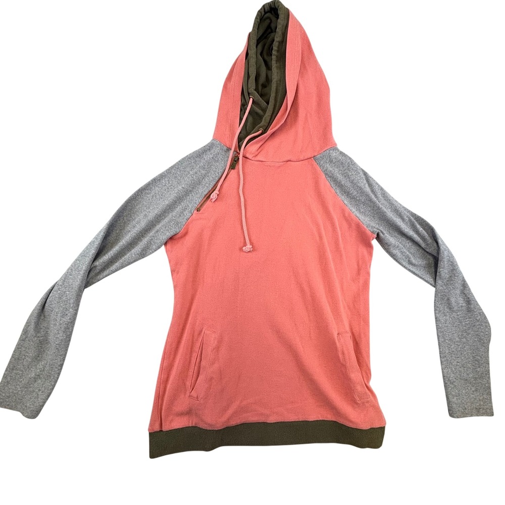 Ampersand Avenue Women Coral Grey Olive Colorblock Double Hood Hoodie Small